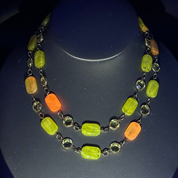 Yellow Swirl Glass Bead Crystal Gold-tone 2-strand Necklace UV Reactive GLOW VTG - Picture 4 of 16
